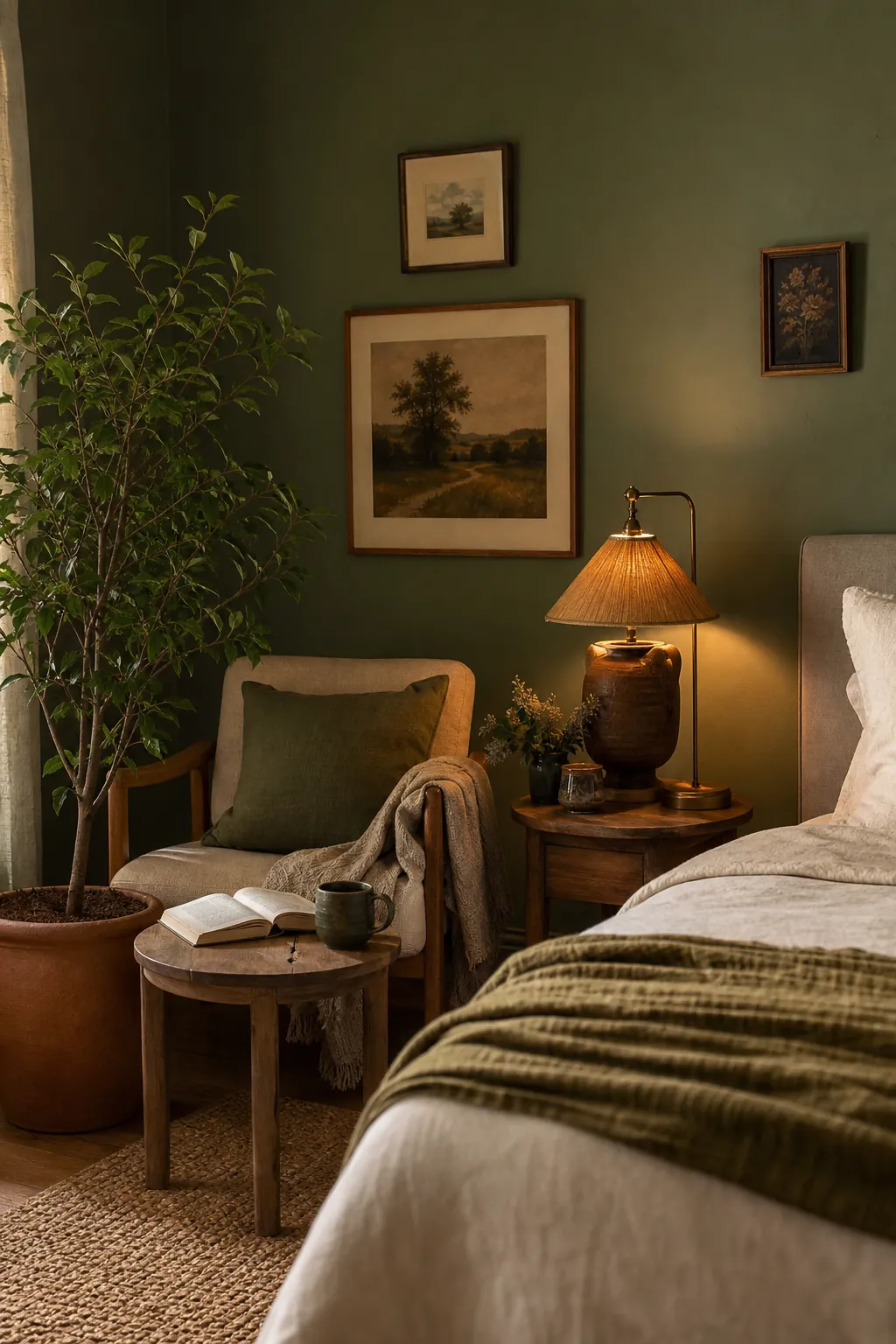 Bedroom styling with green walls art plants and a warm evening reading corner