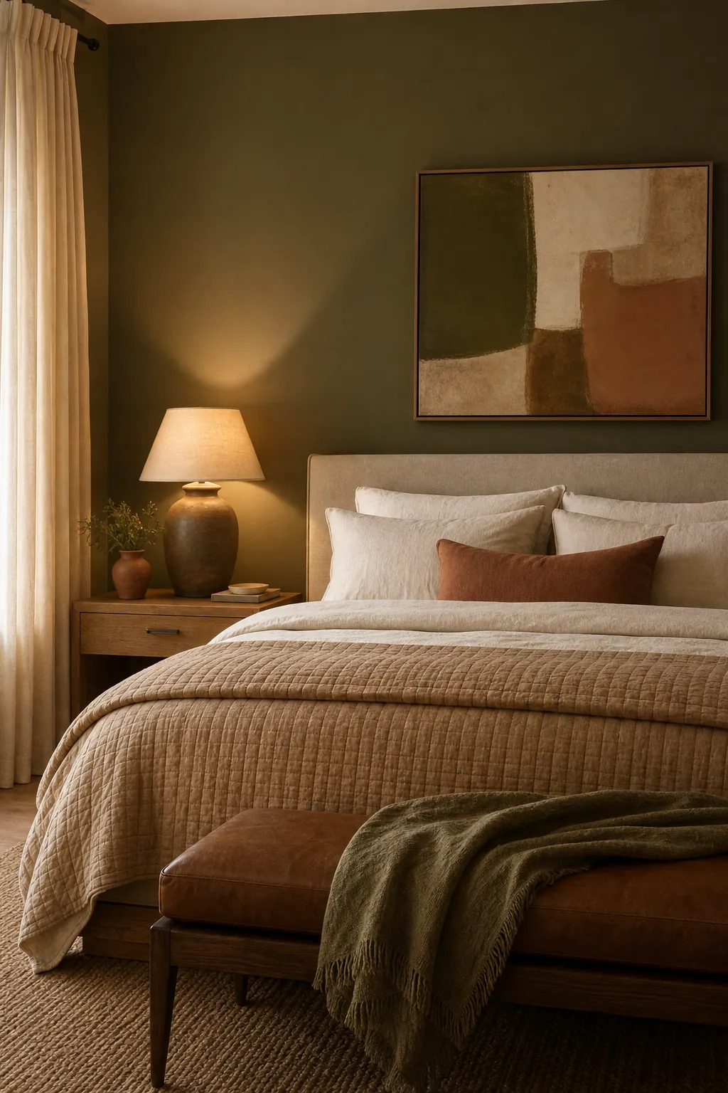 Earth tone decor palette in an olive green bedroom with terracotta and cream accents