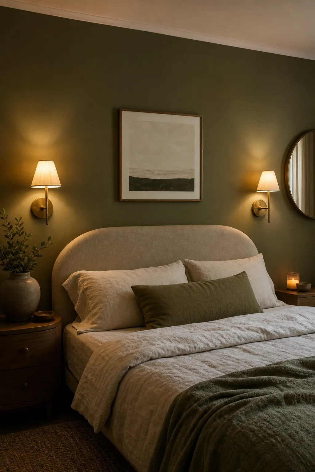 Nighttime decor in a green bedroom with brass sconces and soft curved shapes