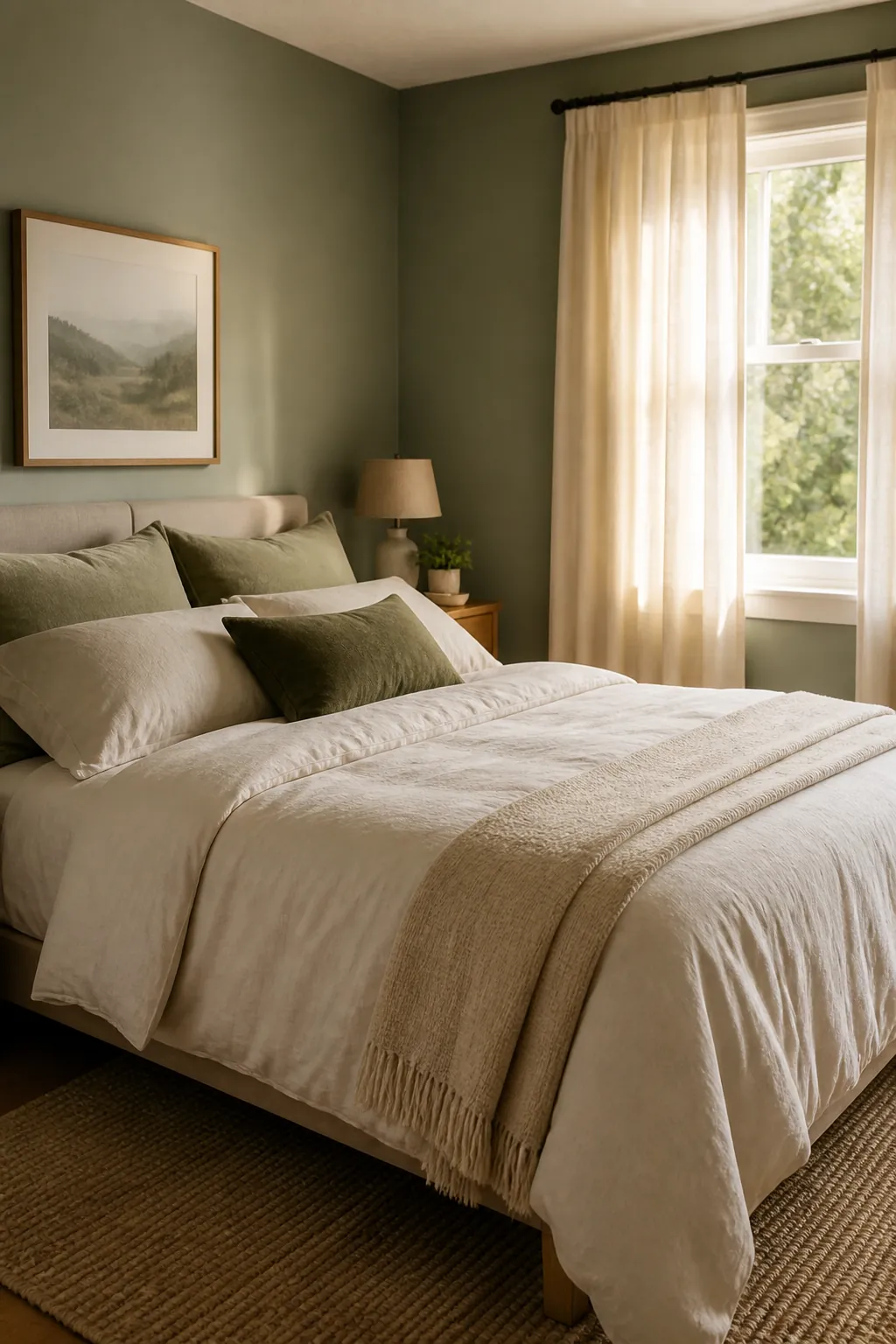 Cream bedding and green pillows styled in a green bedroom