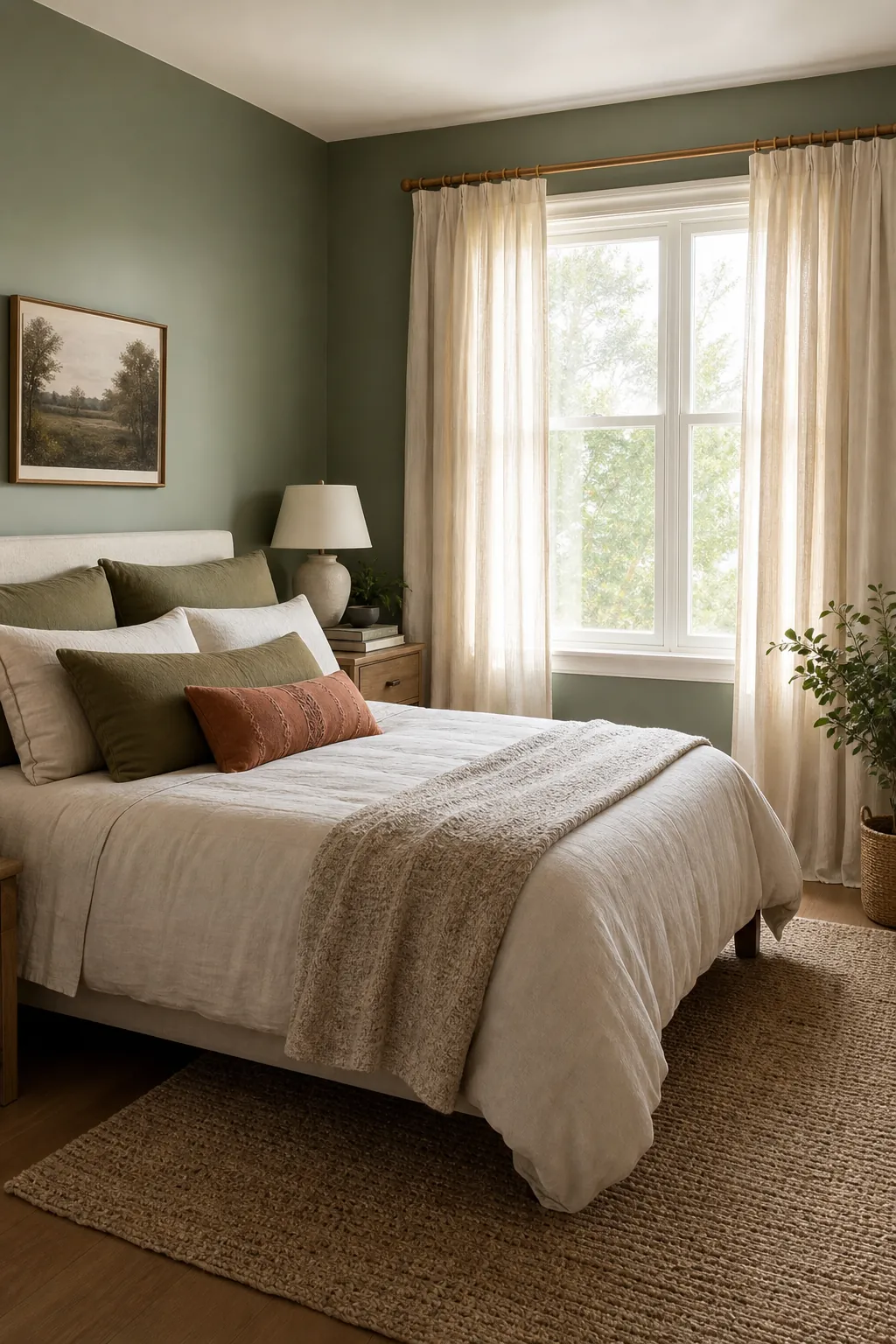 Green bedroom styling with cream curtains, warm lighting, and natural wood decor