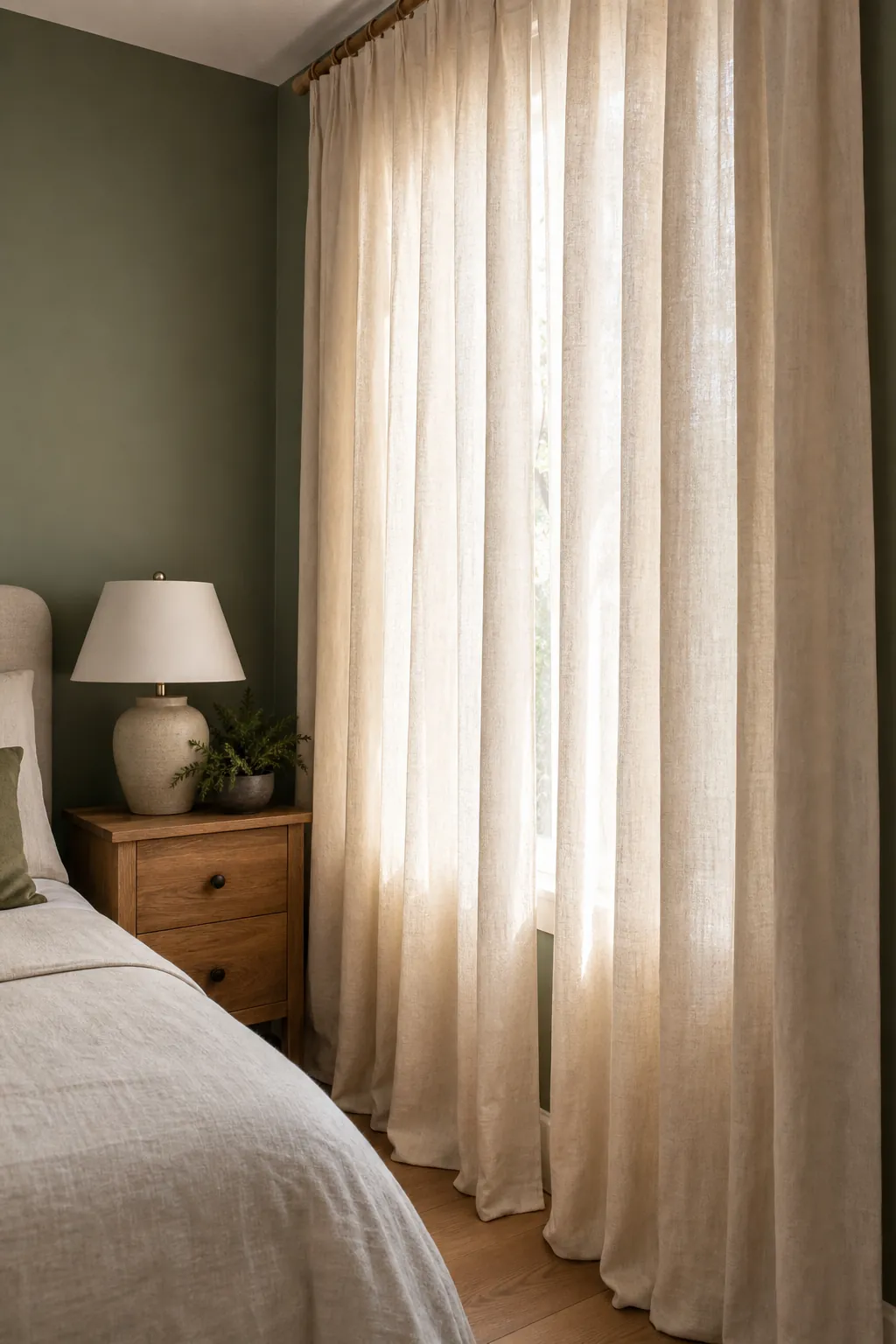 Cream linen curtains filtering light in a green bedroom