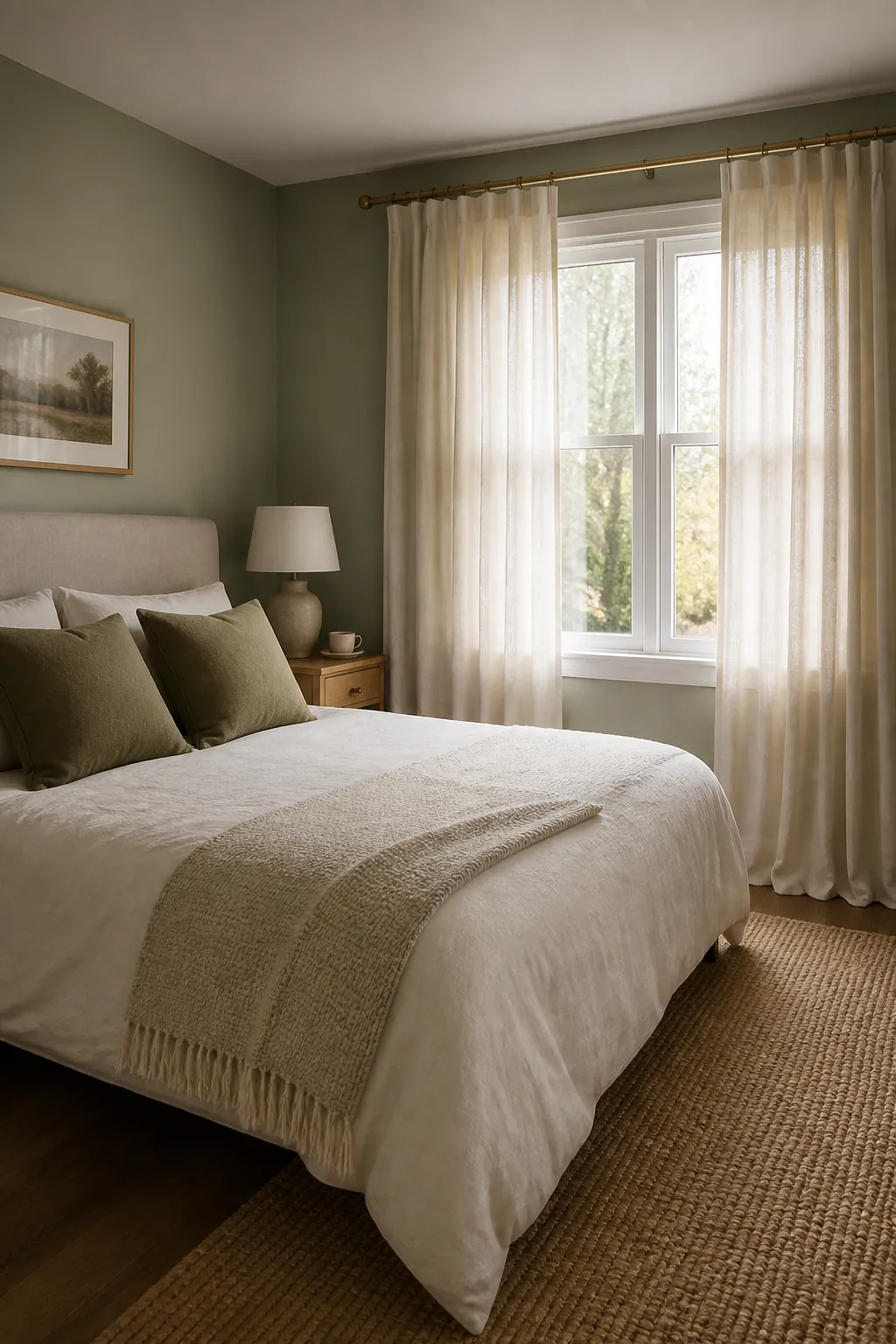 Green bedroom with muted sage walls and cream curtains