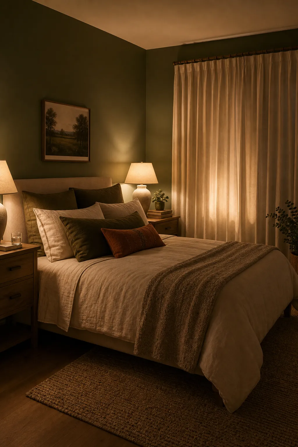 Warm lighting in a cozy green bedroom with cream curtains