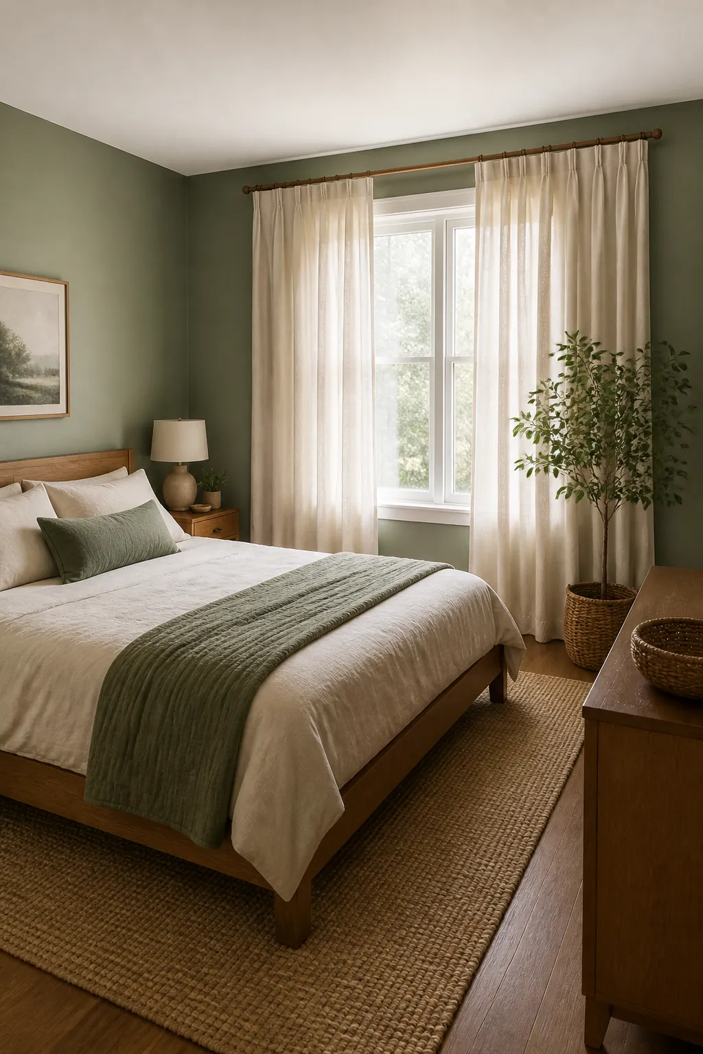 Natural wood furniture in a green bedroom with cream curtains