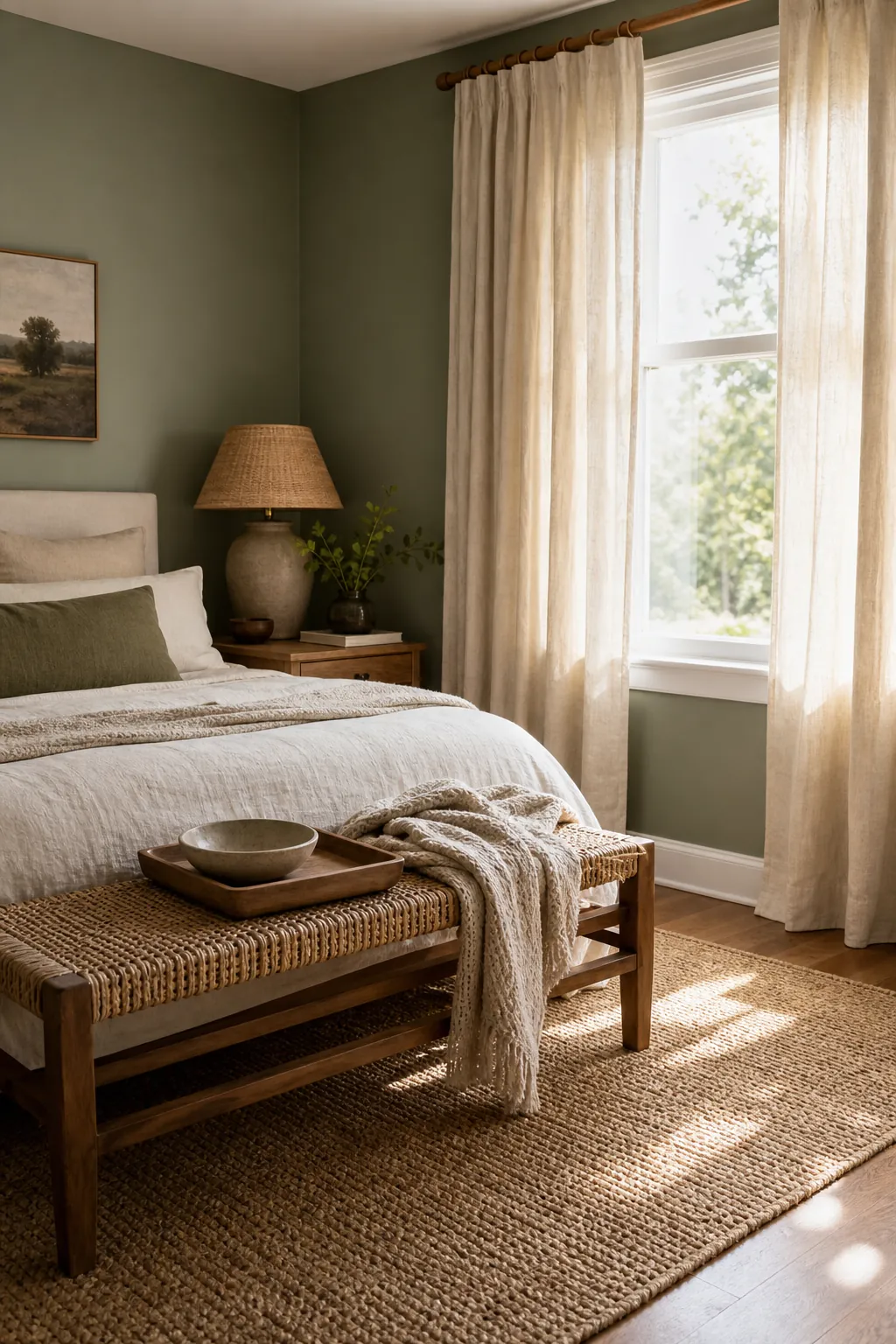 Textured neutral decor in a green bedroom with cream curtains