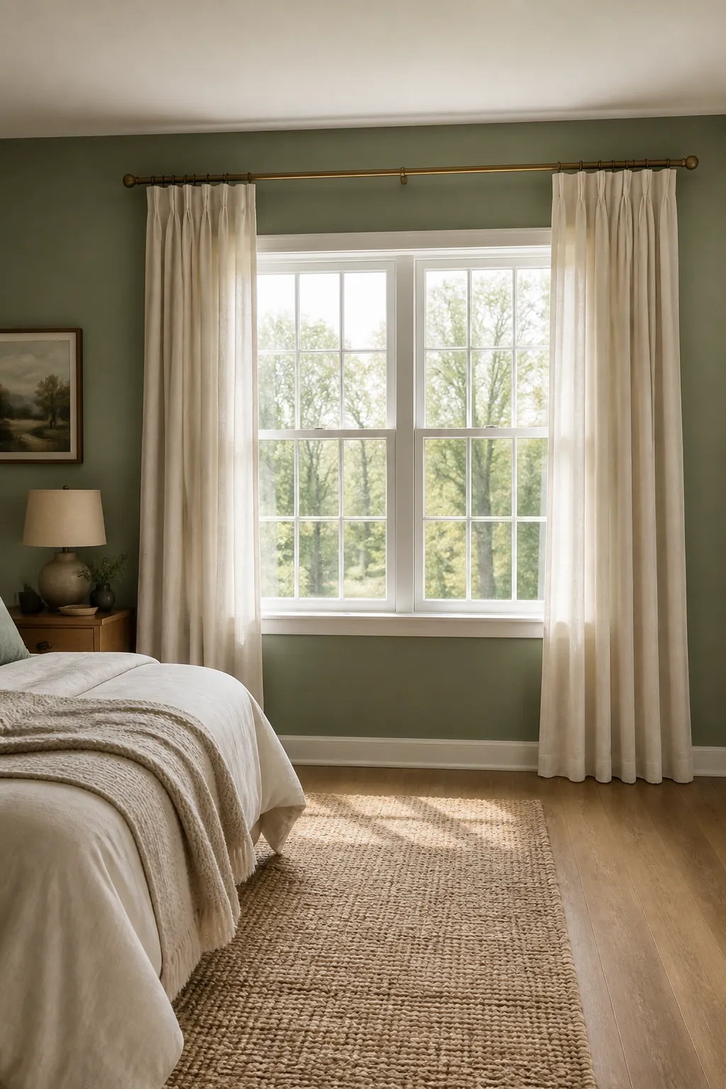 High and wide cream curtains in a green bedroom