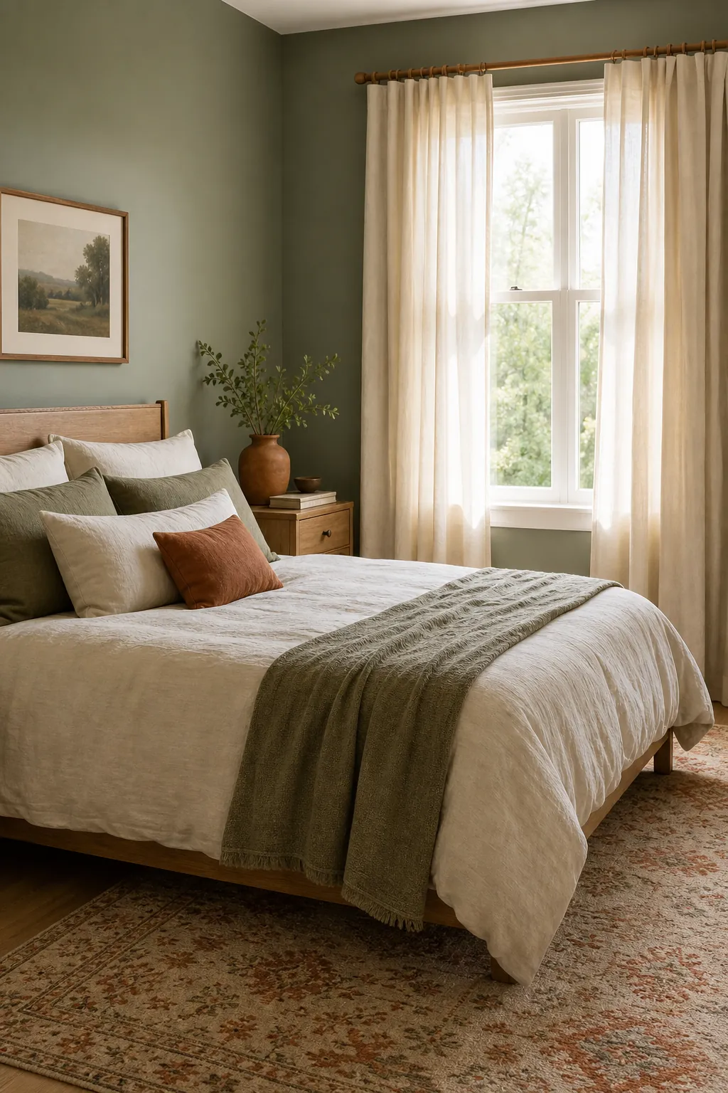Terracotta accents in a green bedroom with cream curtains