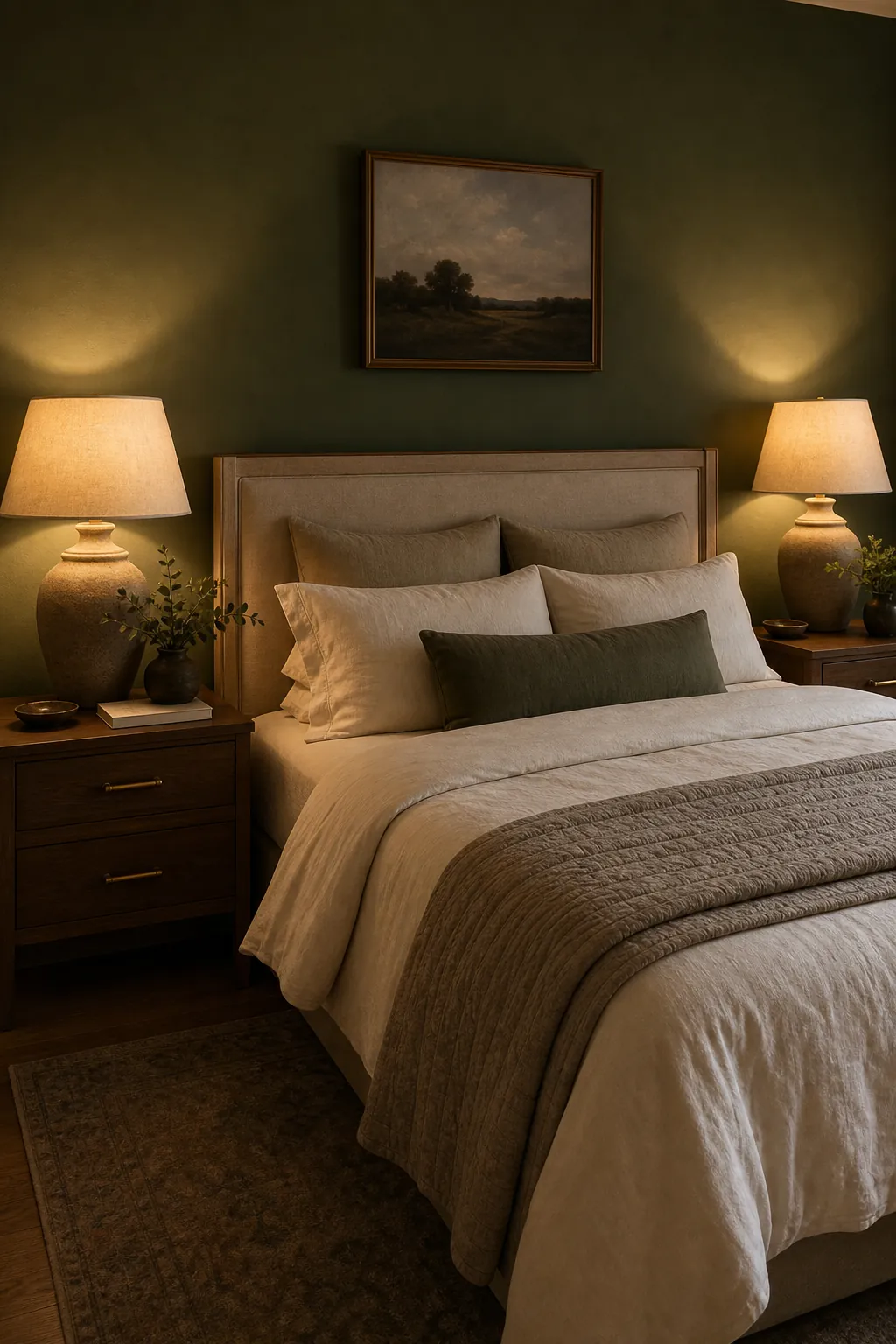 Nightstand lamps glowing against moody green bedroom walls