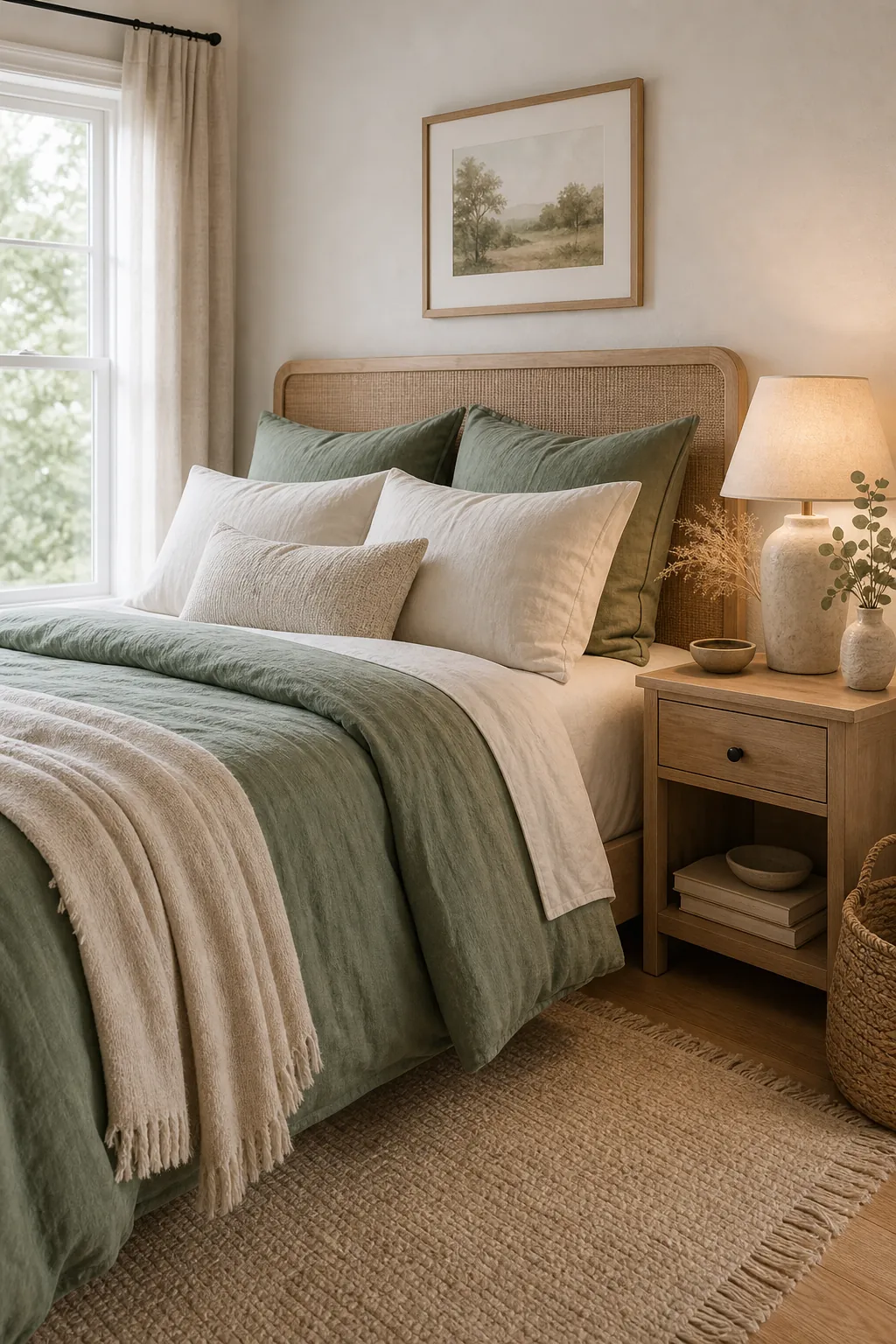 Green walls with cream linen bedding and light curtains in a relaxing bedroom