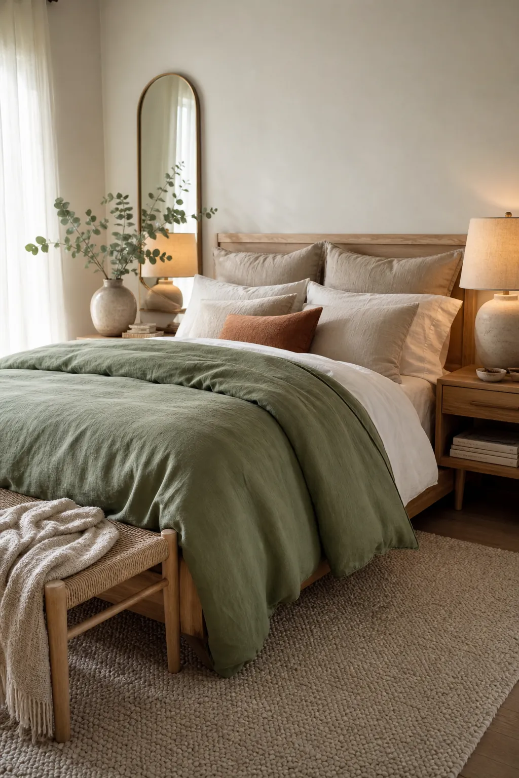 Bright bedroom with green bedding, cream layers, soft lamps, and natural decor