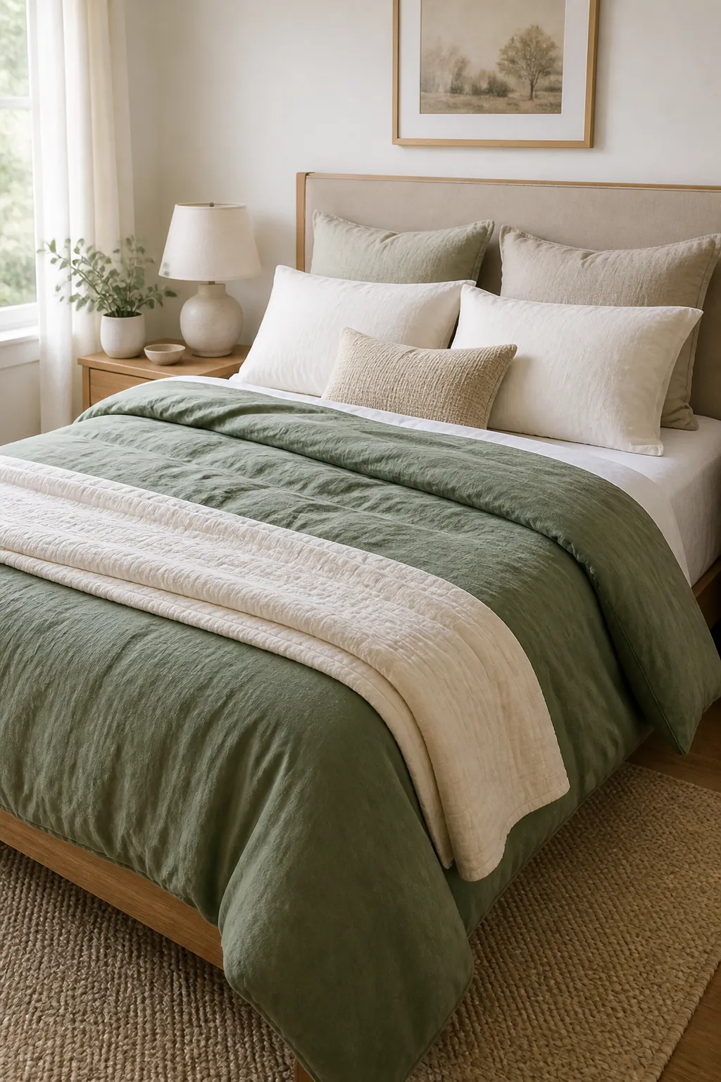 sage green bedding brightened with cream pillows in a light bedroom