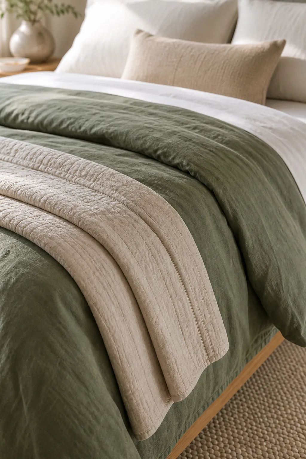 layered green bedding with neutral linen quilt and soft pillows