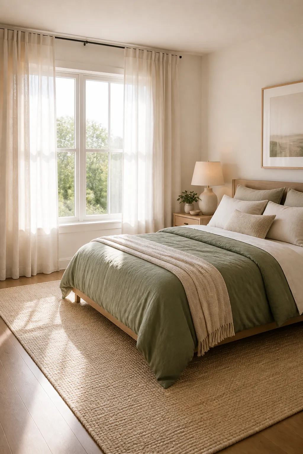 green bedding styled with light curtains and a pale bedroom rug