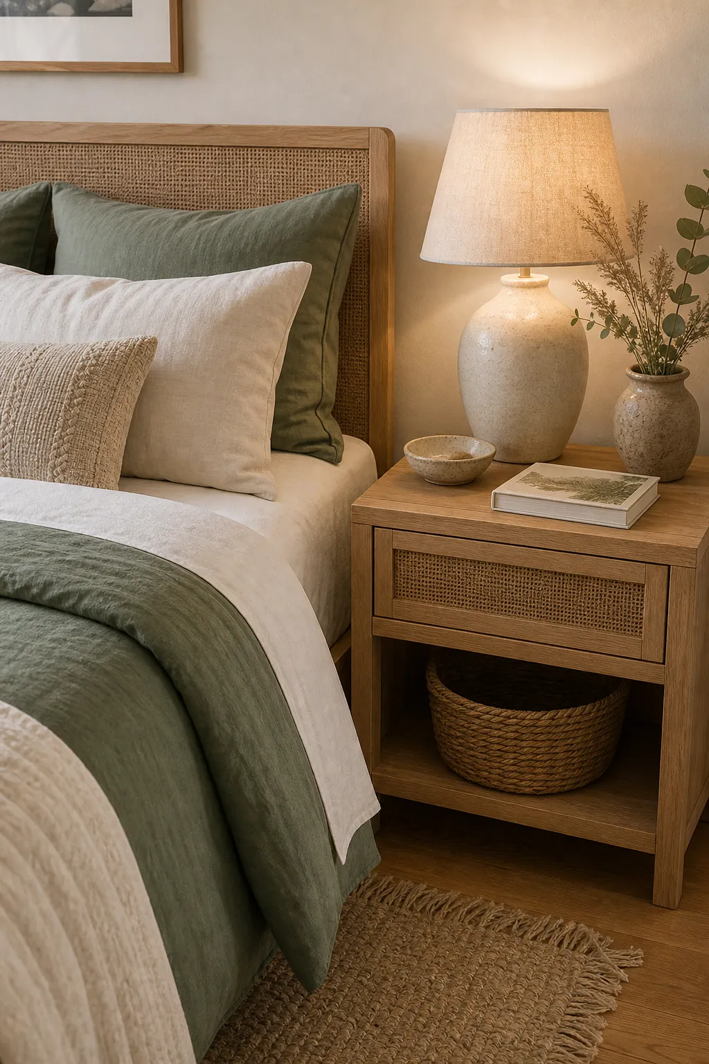 green bedding with natural wood nightstand and light woven textures