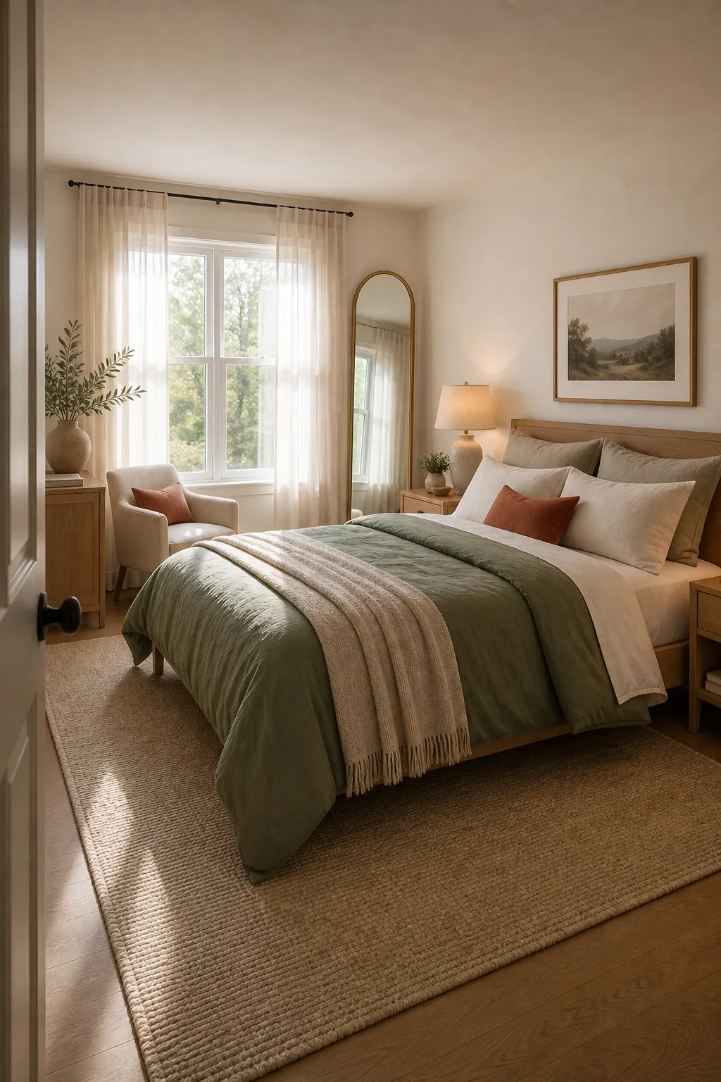 green bedding styled with clay pillows and warm neutral bedroom decor