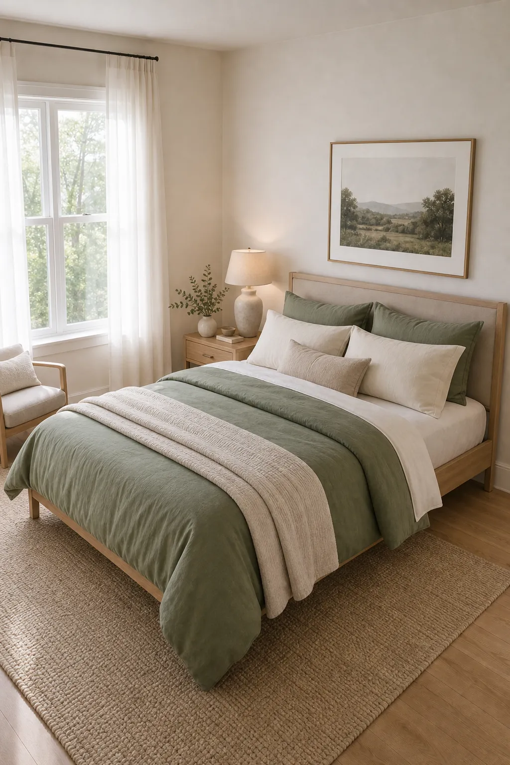 clean bright bedroom with green bedding and simple wall decor