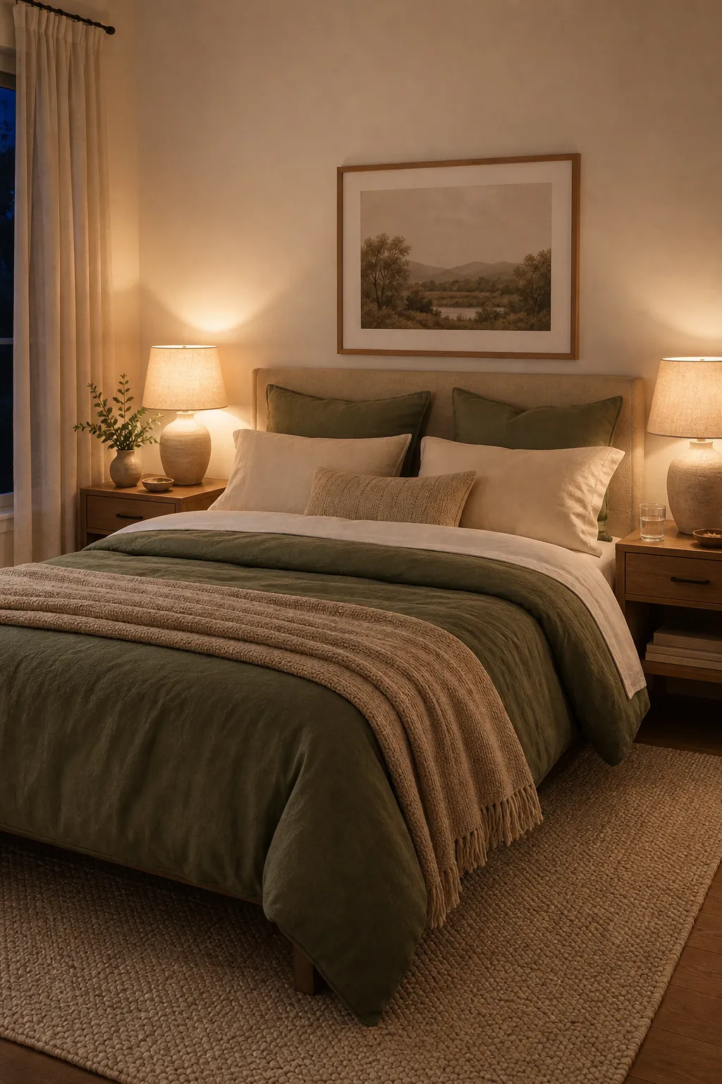 green bedding in a cozy bedroom with warm bedside lamps