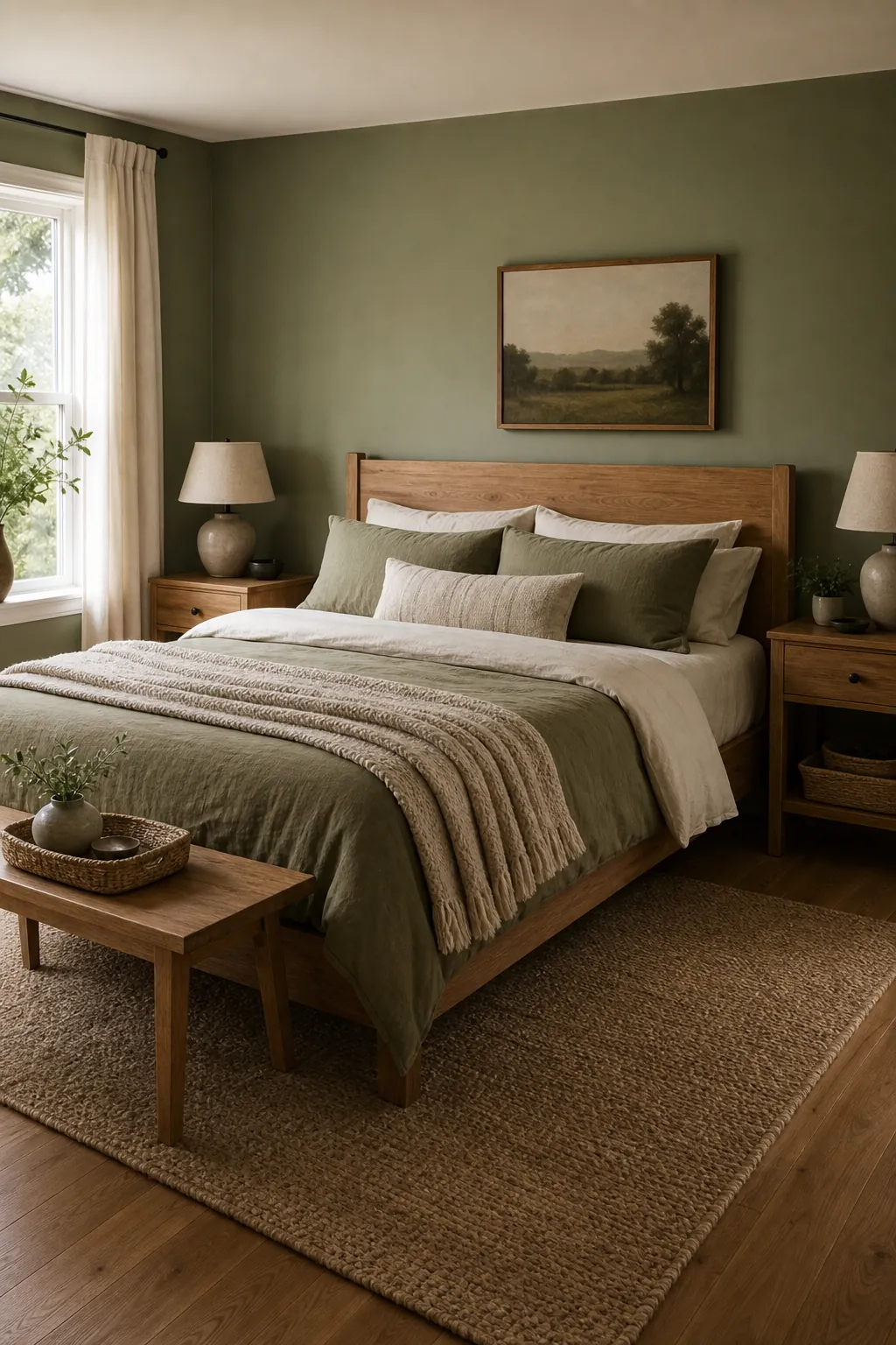 Green bedroom with natural wood furniture, layered bedding, and earthy decor