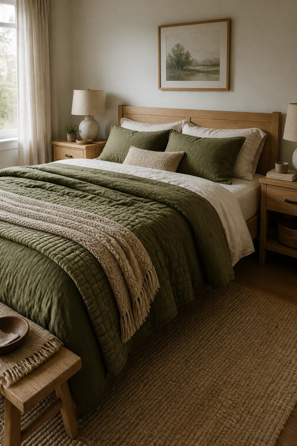 Olive green bedding layered with cream sheets beside natural wood furniture