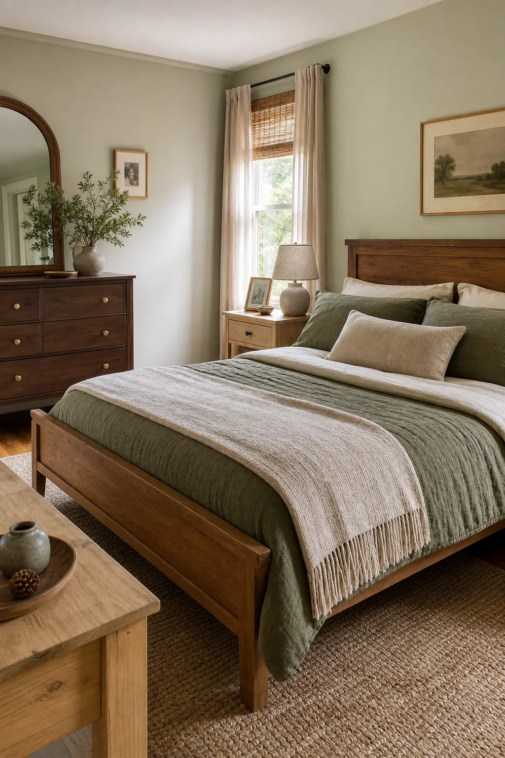 Green bedroom with mixed natural wood furniture in a cohesive warm tone family