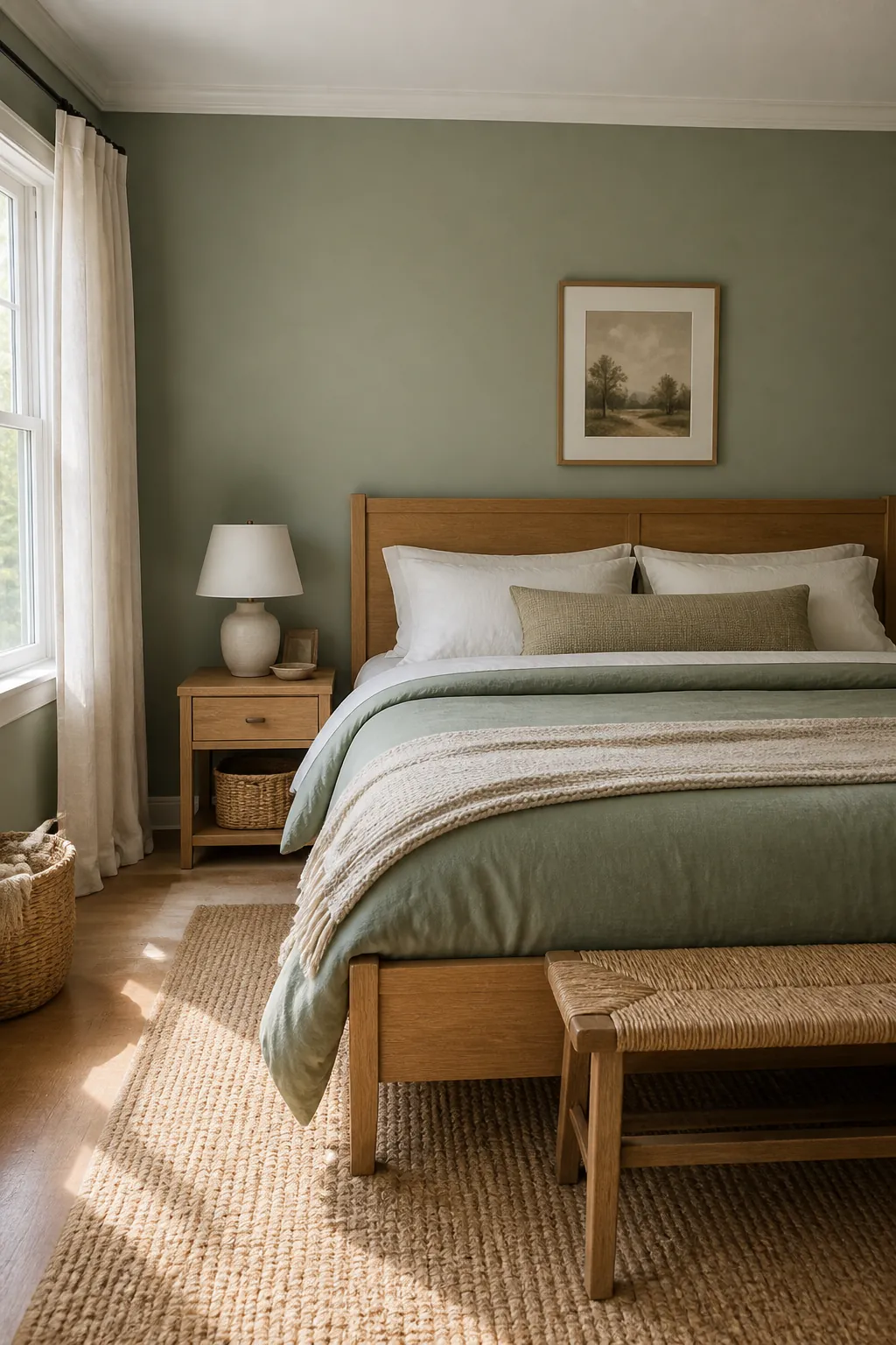 Sage green bedroom with natural oak bed frame and soft white bedding