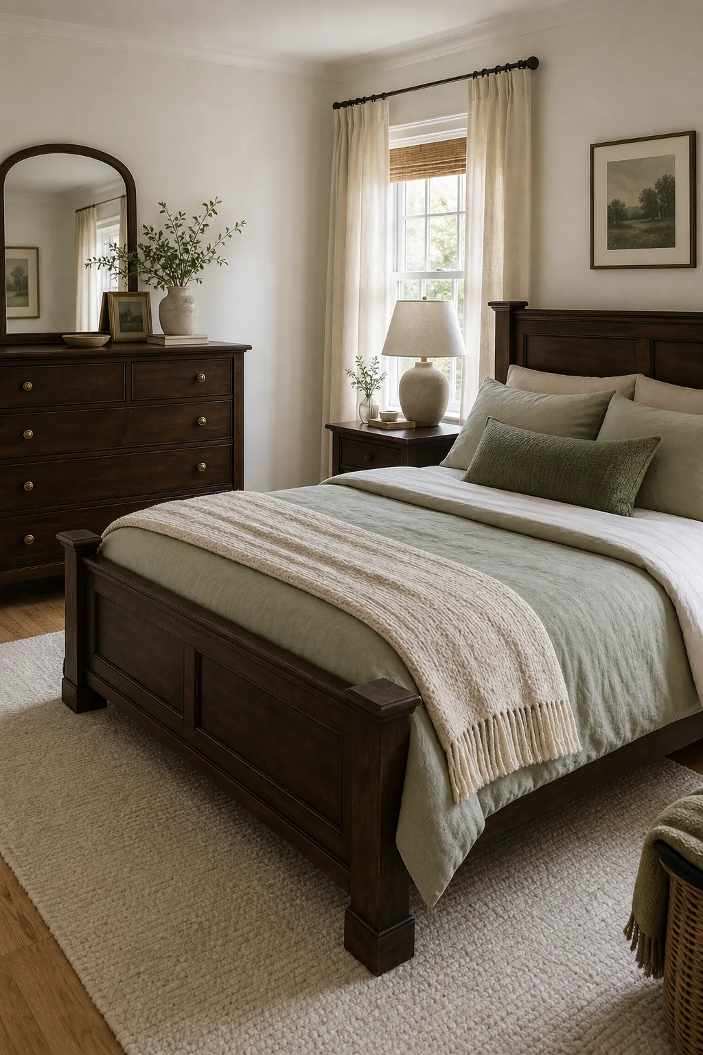 Bedroom with dark wood furniture balanced by soft sage bedding and light natural decor
