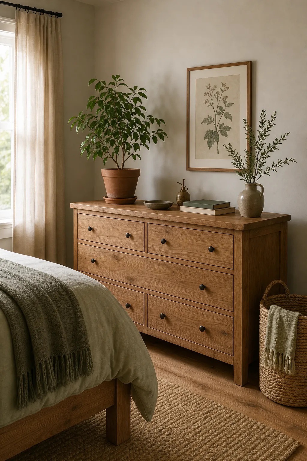 Calm green bedroom with plants, natural wood dresser, and earthy ceramic decor