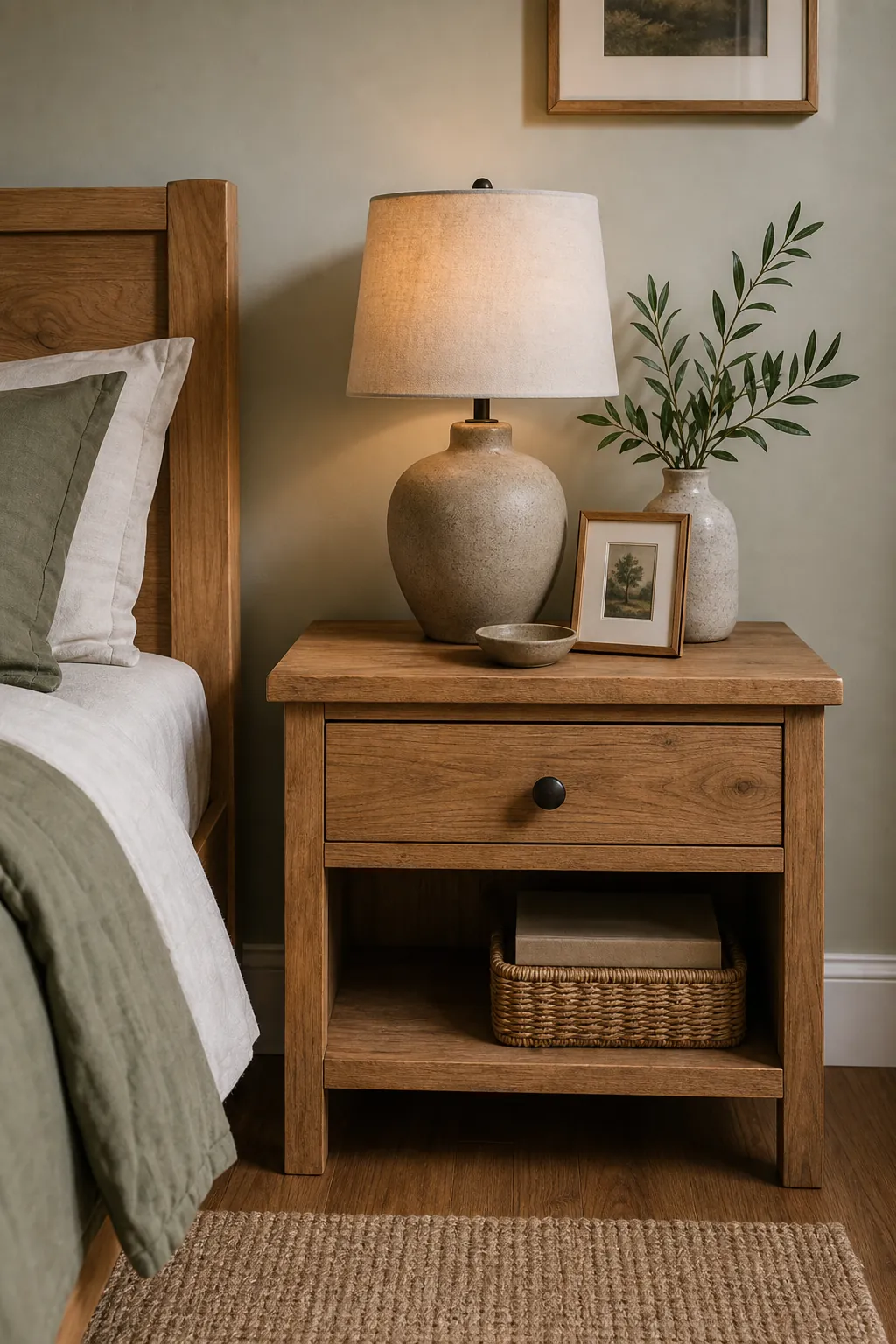 Wood nightstand styling in a green bedroom with linen lamp and small plant