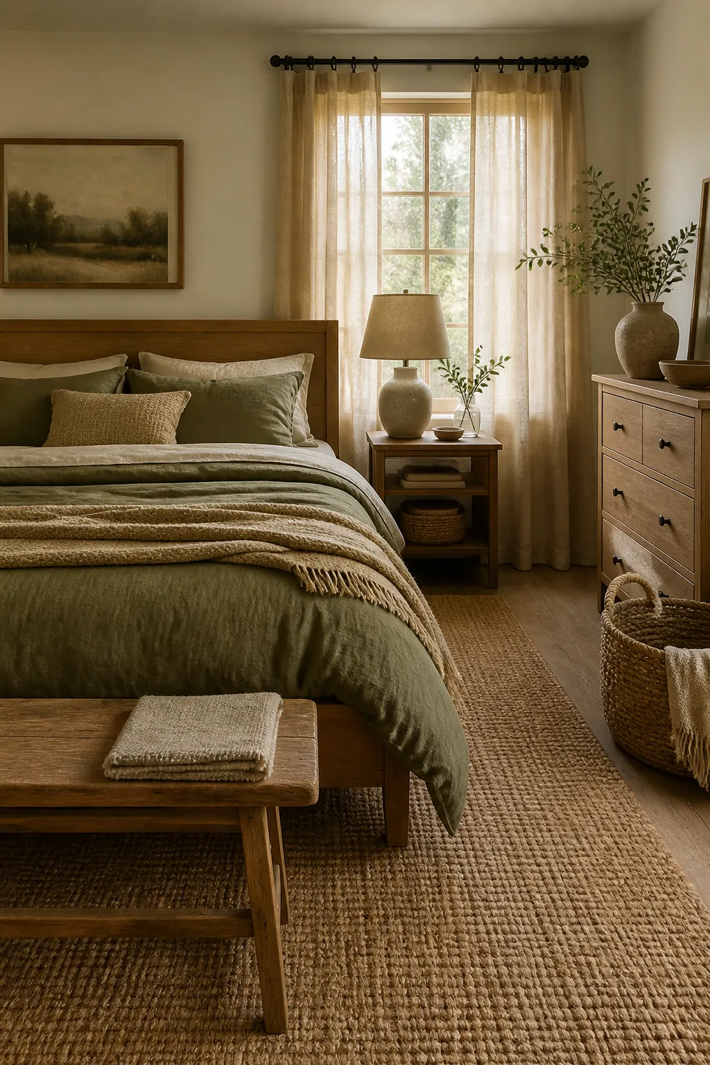 Earthy green bedroom with jute rug, linen curtains, and natural wood accents