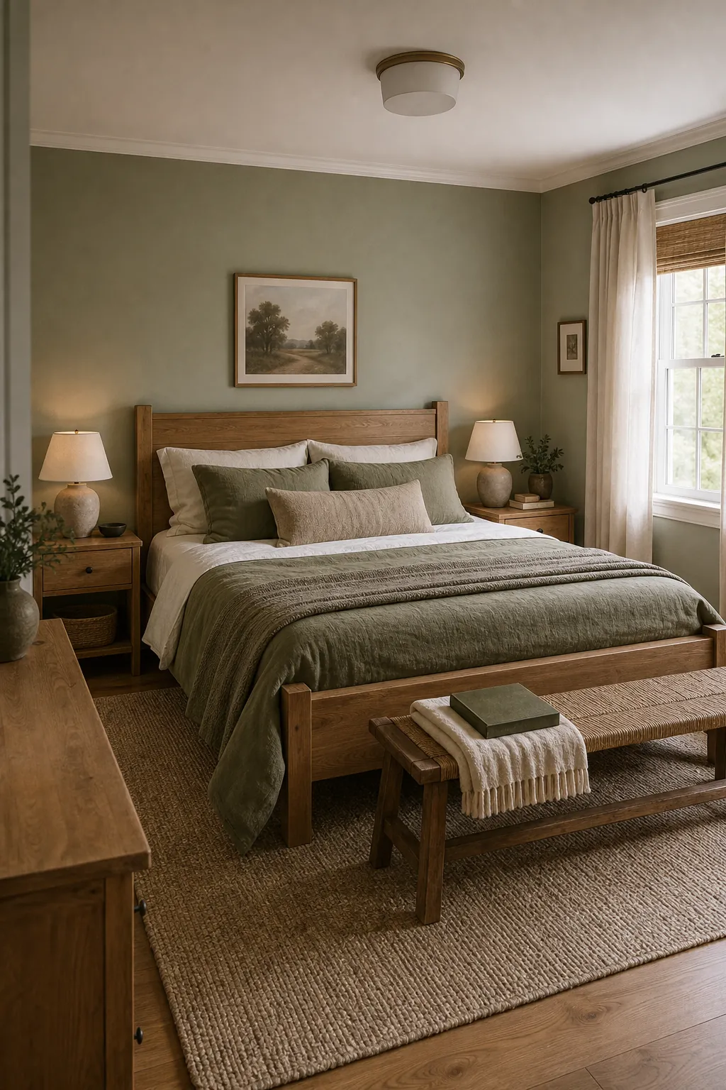 Finished green bedroom palette with natural wood furniture, cream bedding, and earthy accents