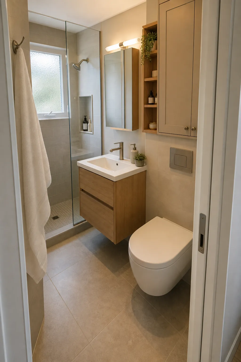 Tiny bathroom layout ideas with glass shower, floating vanity, and wall storage