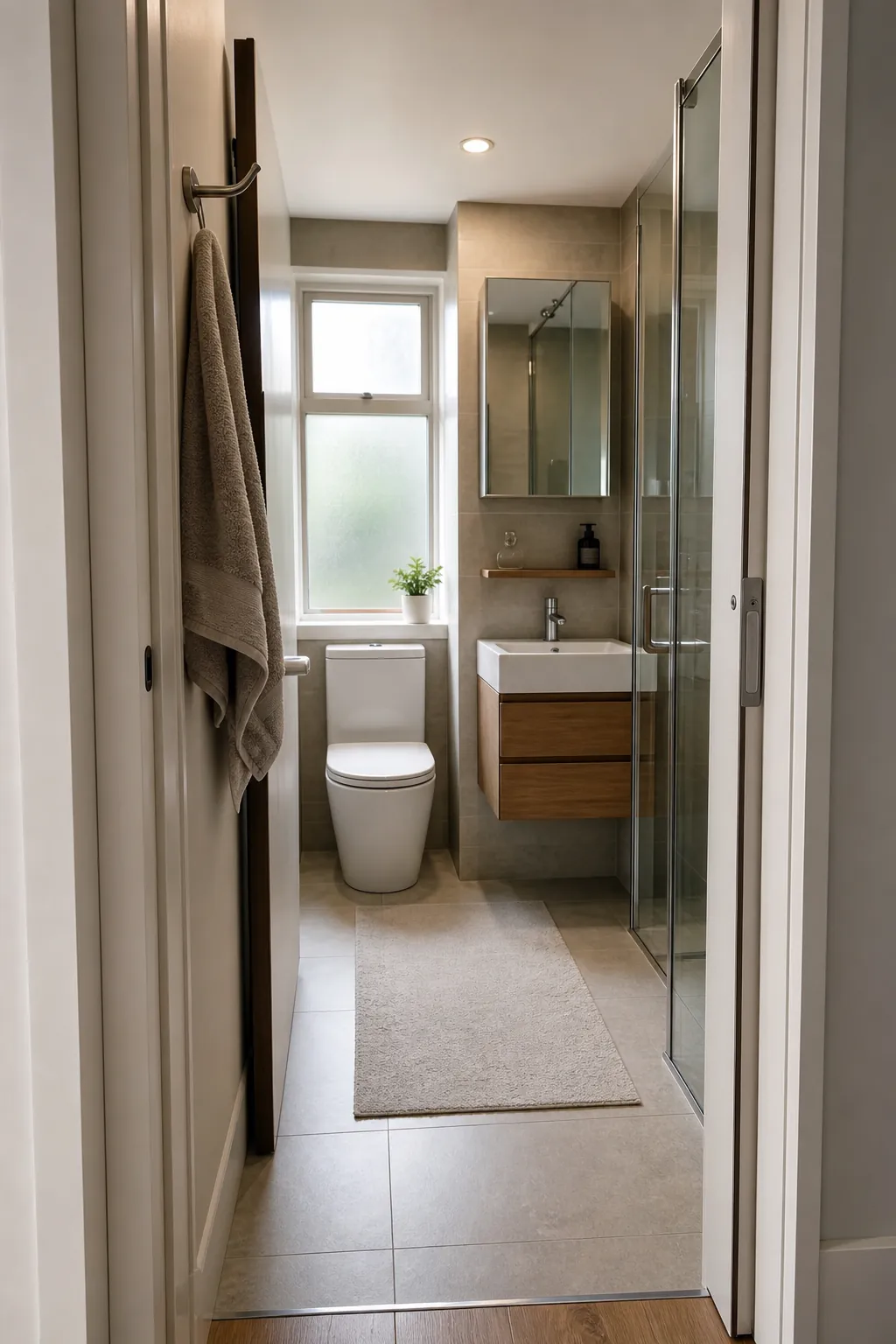 Tiny bathroom layout with a pocket door and clear walking path