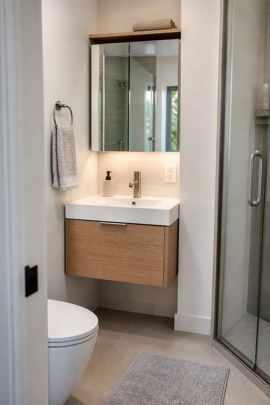 Small bathroom floating vanity with medicine cabinet and open floor space