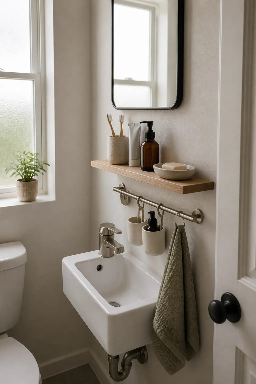 Tiny bathroom sink with a floating wall ledge and rail replacing counter clutter