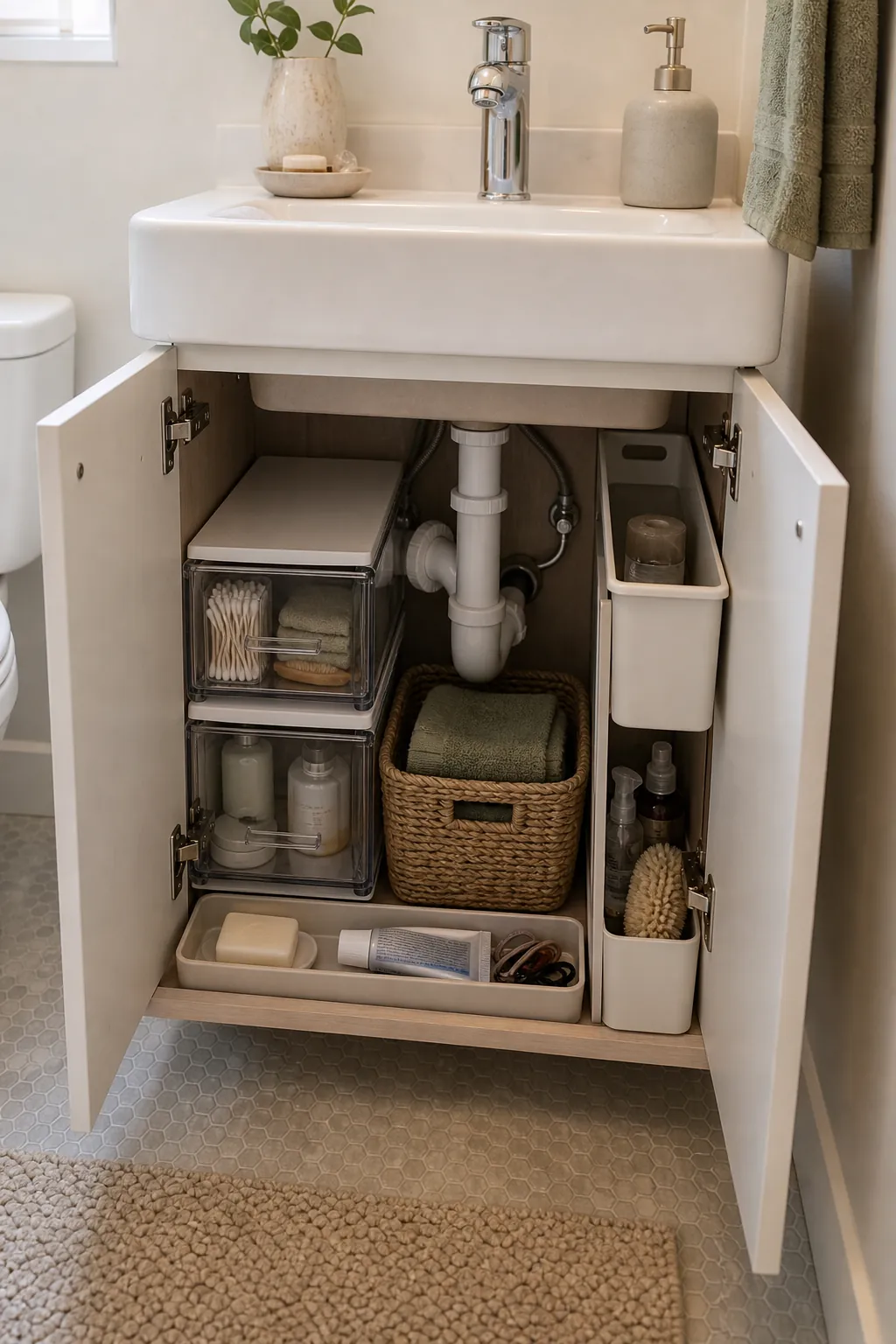 Under sink vanity storage with clear drawers and labeled baskets in a tiny bathroom