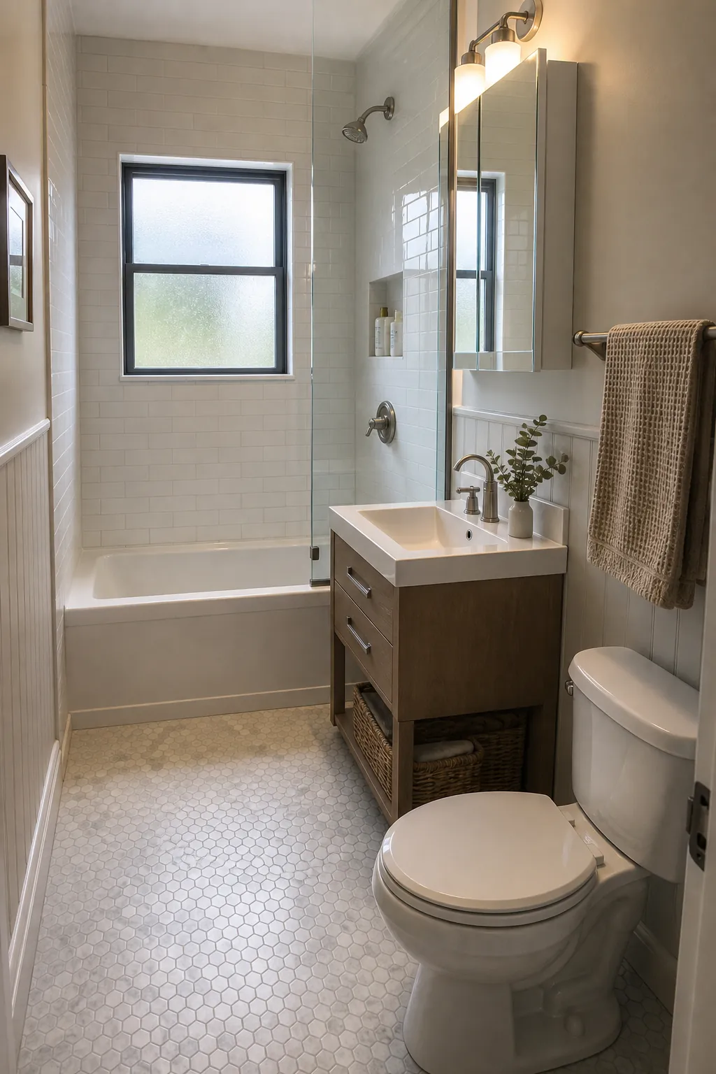Compact bathroom wet wall layout with glass shower and slim vanity