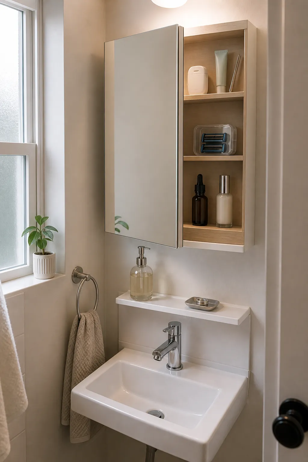 Small bathroom medicine cabinet with shallow shelves and a clear sink landing zone