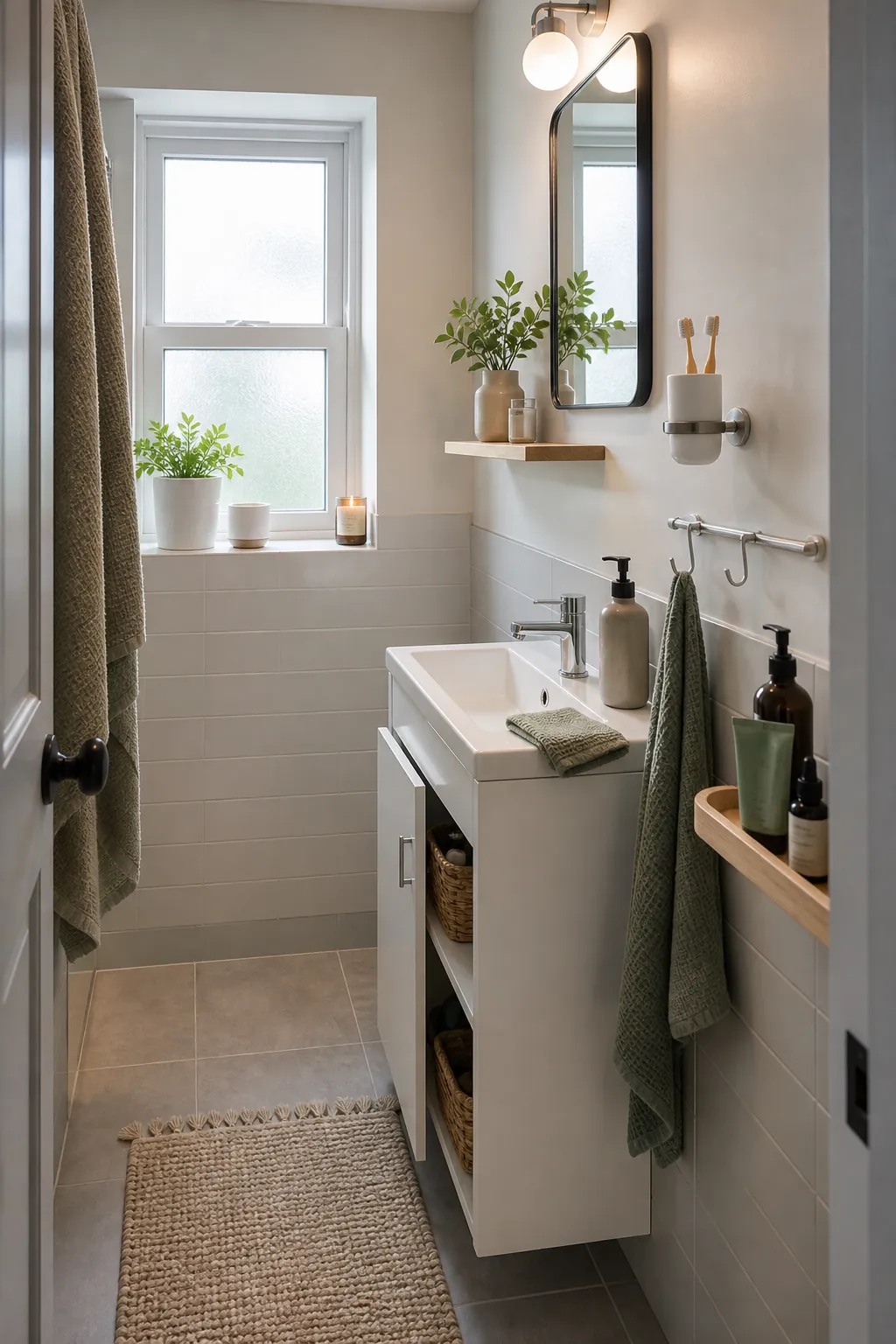 Tiny bathroom with wall mounted storage and a clear sink counter
