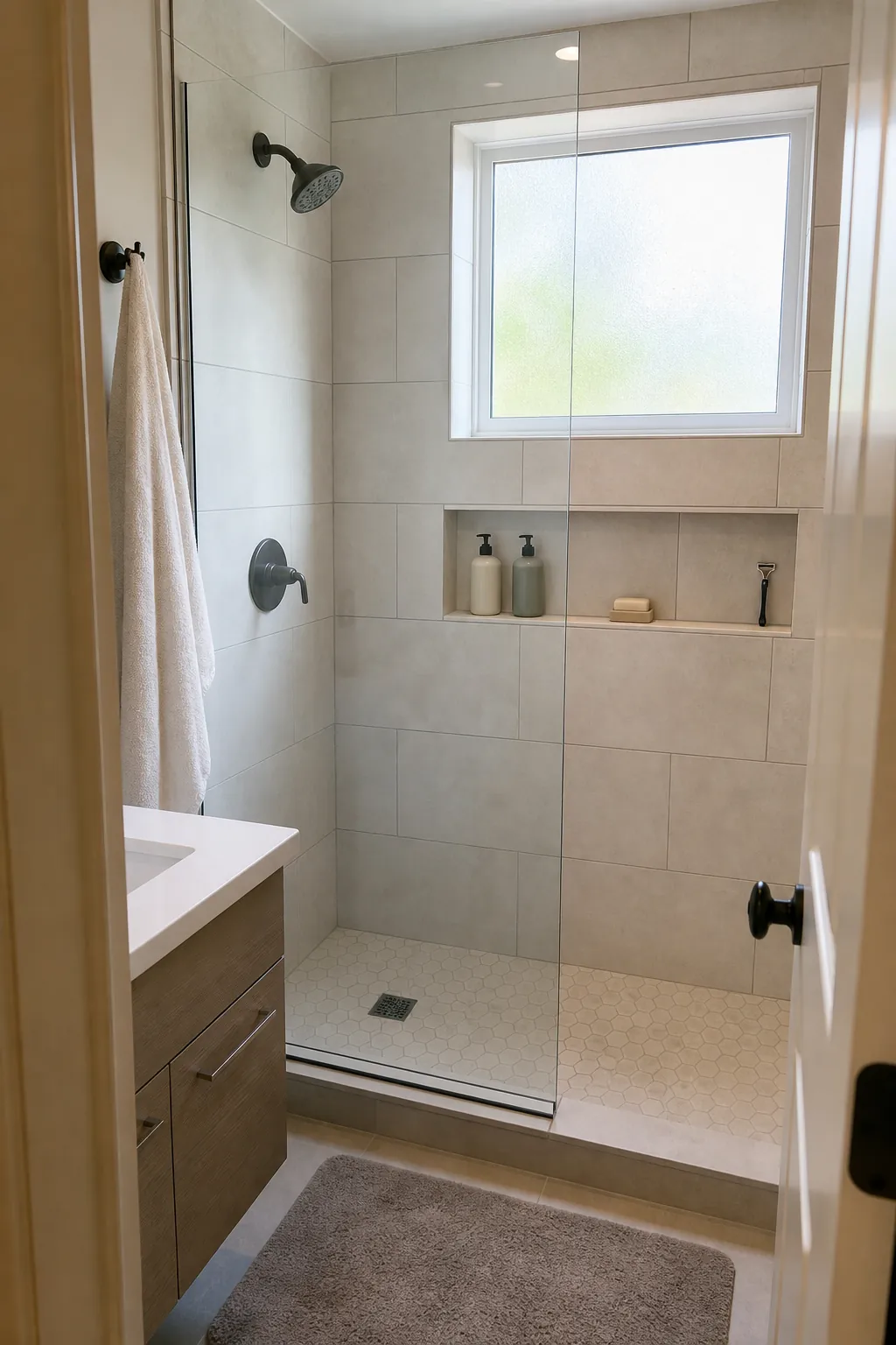 Tiny bathroom shower niche storage with glass panel and warm tile
