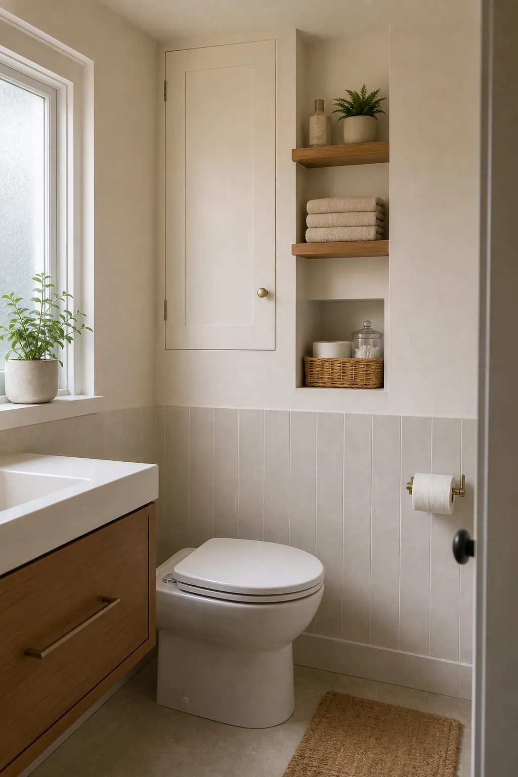 Tiny bathroom toilet wall storage with shallow shelves and closed cabinet