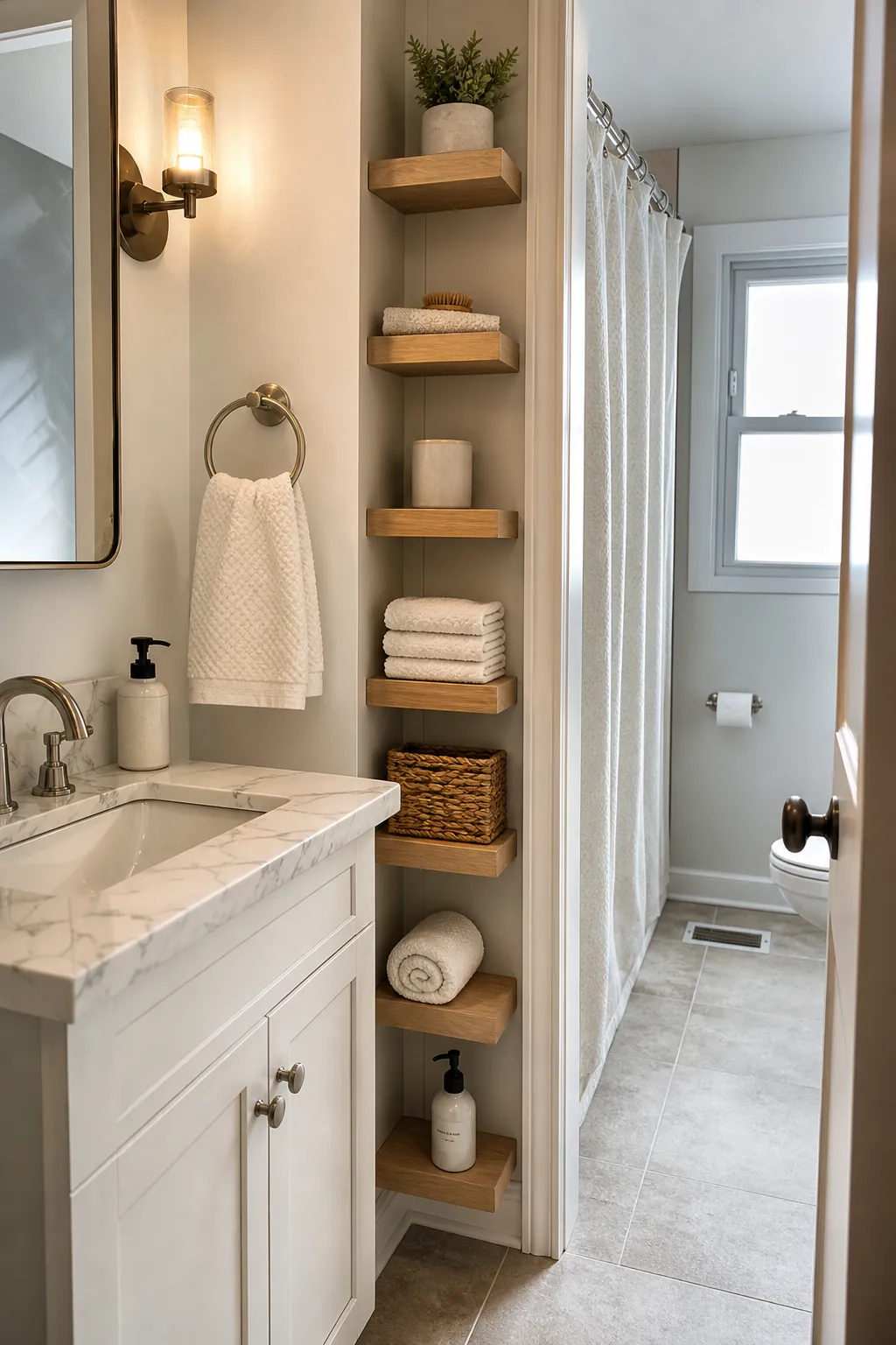 Small bathroom ideas with tall shallow shelves beside a vanity