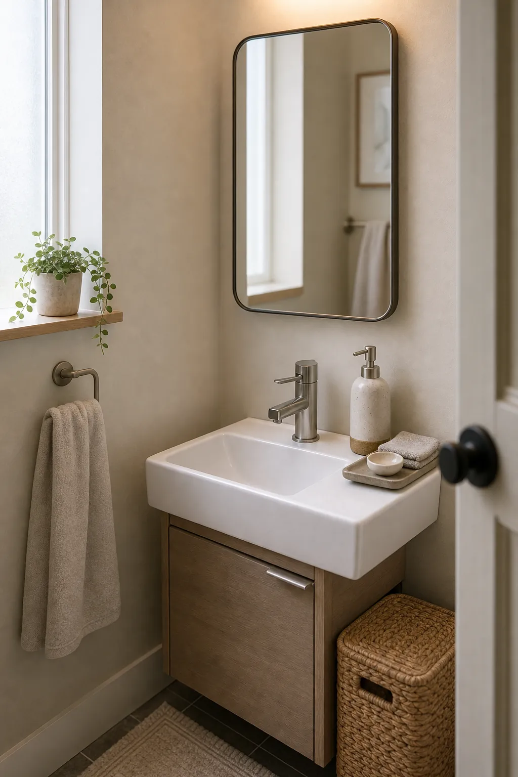 Minimal tiny bathroom decor with a clear sink and small organized tray