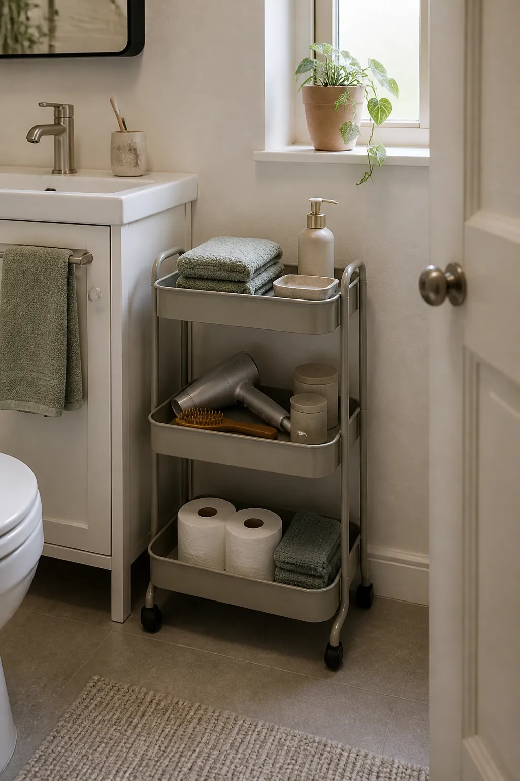 Narrow rolling cart parked beside a tiny bathroom vanity for organized storage