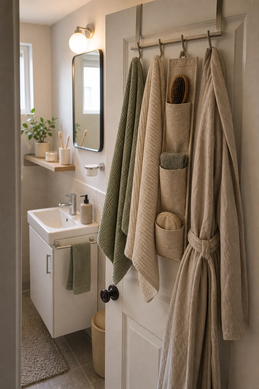 Over door bathroom storage with hooks and fabric pockets in a compact bathroom