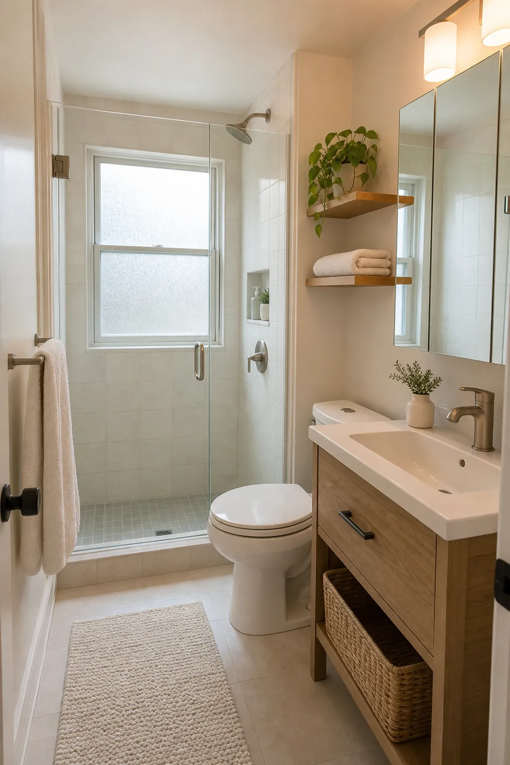 Bright tiny bathroom with glass shower mirror and wall storage