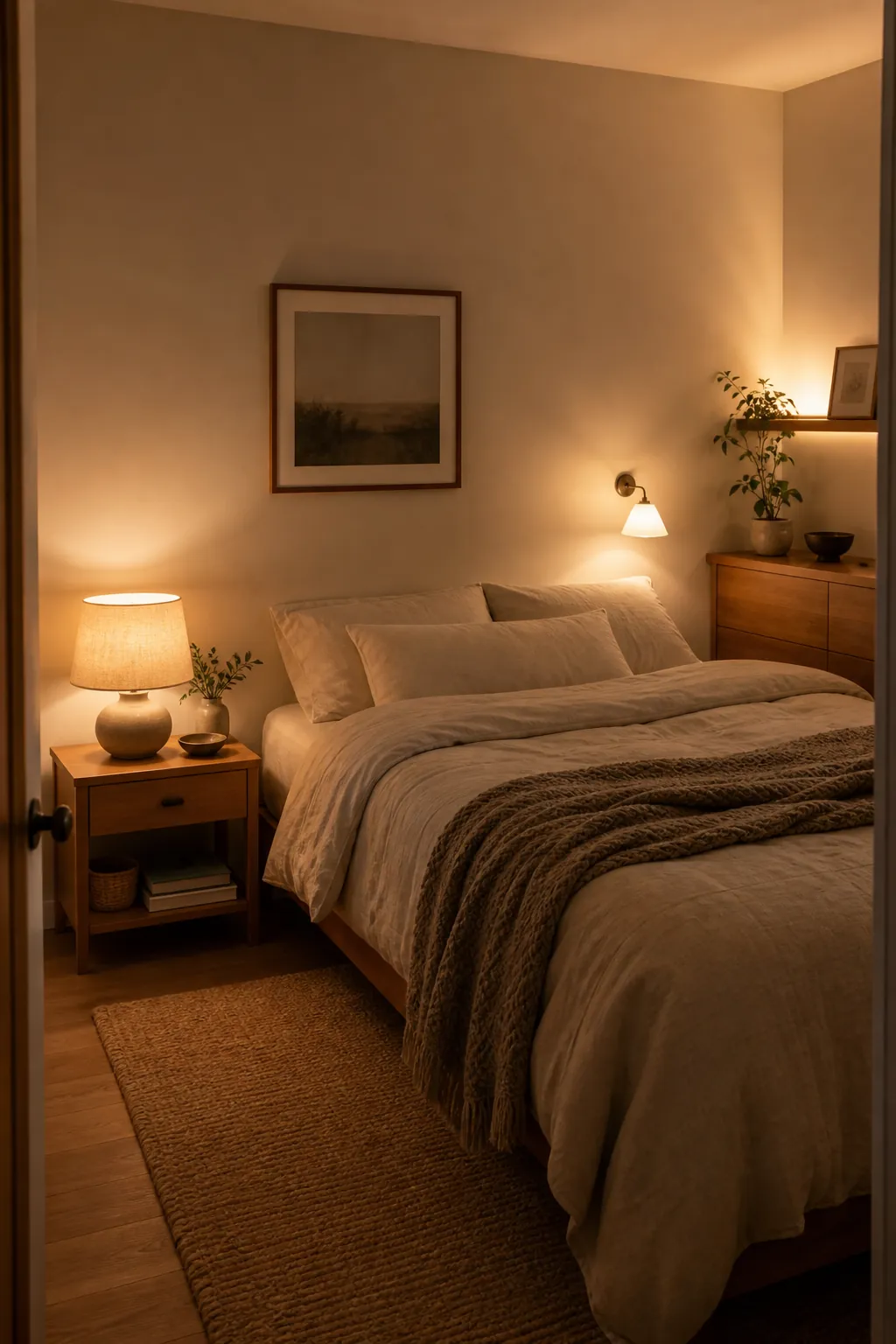 Layered warm lighting in a small bedroom with bedside lamp and soft wall glow