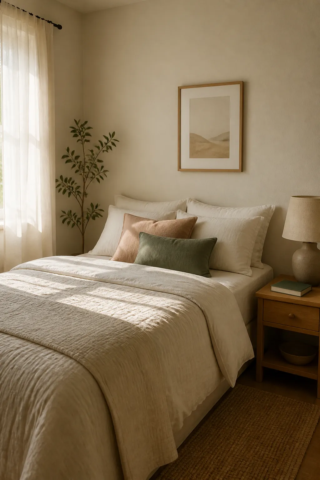 Small bedroom with warm neutral colors, soft bedding, and gentle daylight