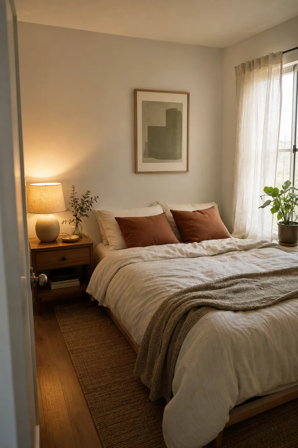 Soft small bedroom with warm neutral colors and layered natural light
