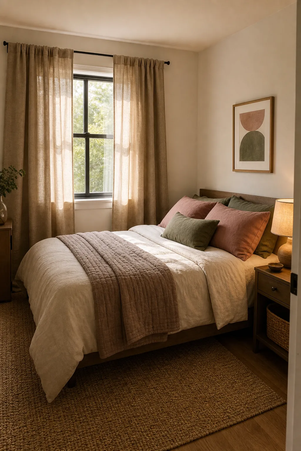 Renter friendly small bedroom with soft textiles, warm bedding, and a muted color palette